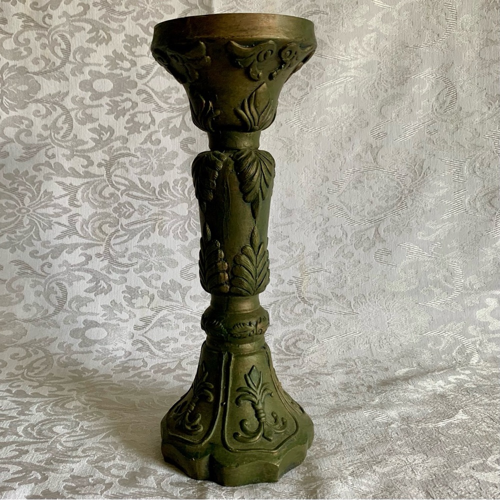Pillar for 3 Inch Candle Green Gold Ornate 11.5 Inch Tall
